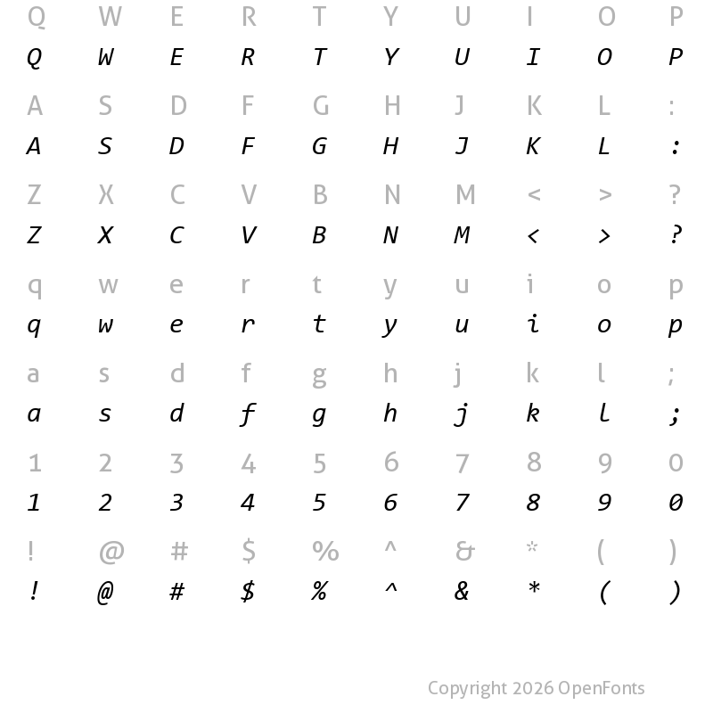 Character Map of Code New Roman Italic