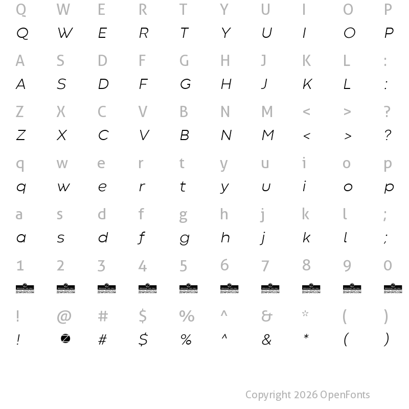 Character Map of Codec Warm Trial Light Italic