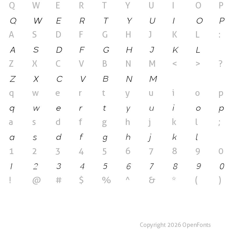 Character Map of Colasta Thin Italic