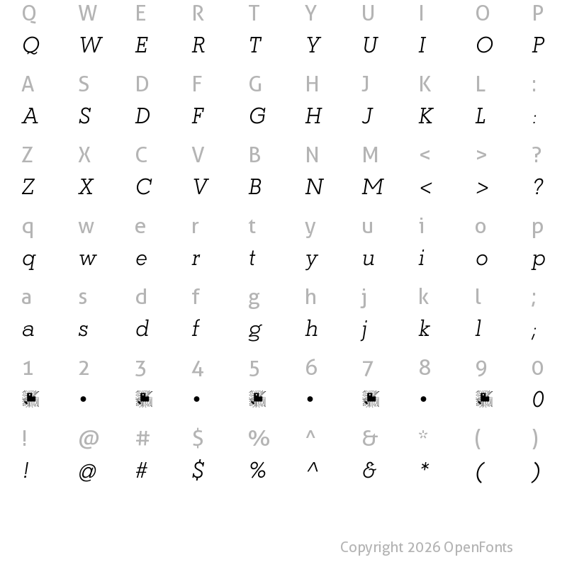 Character Map of Coltan Gea Light Italic
