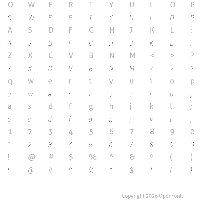 Character Map of Config Condensed Thin Italic