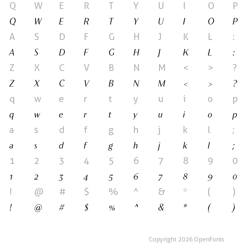 Character Map of Contralto Small Light Italic