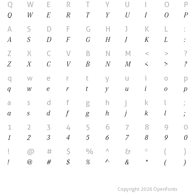 Character Map of Corporate A Pro Light Italic