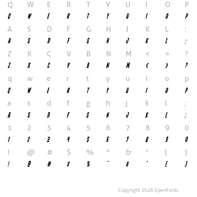 Character Map of Creepy Crawlers Staggered Italic Italic