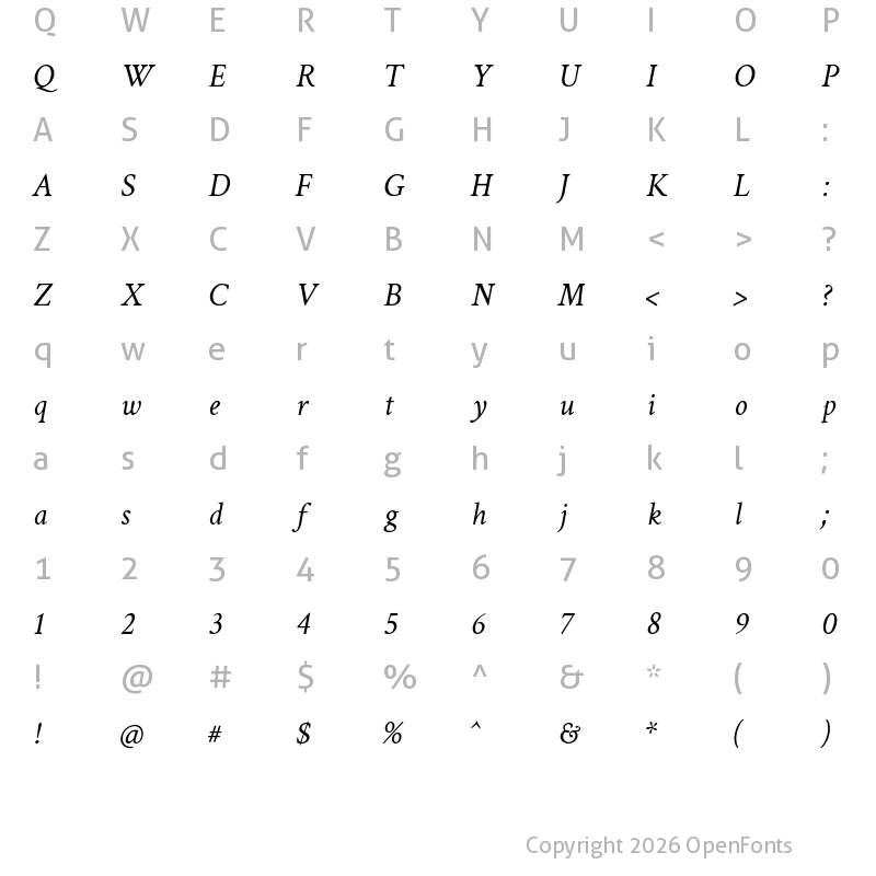 Character Map of Crimson Text Italic