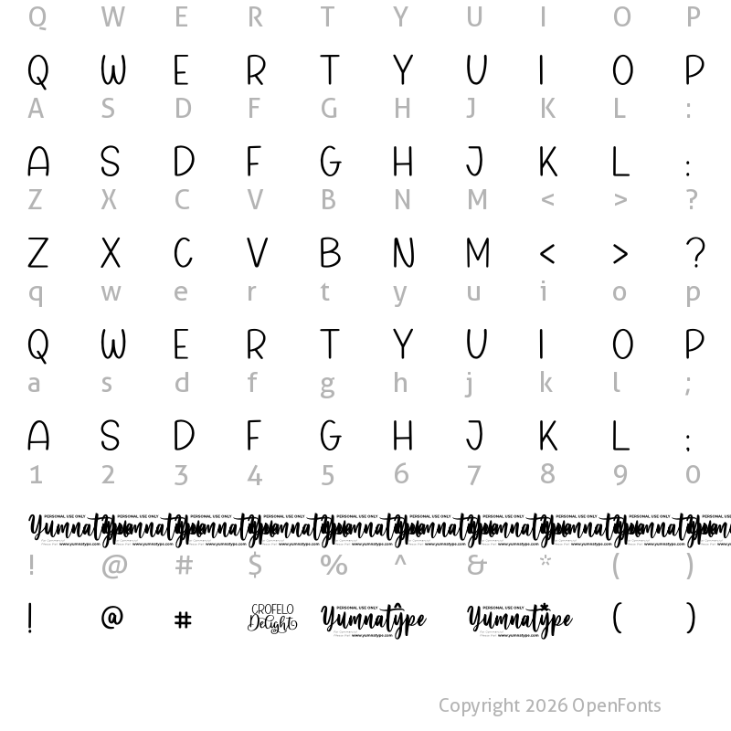 Character Map of Crofelo Delight Personal Use Regular