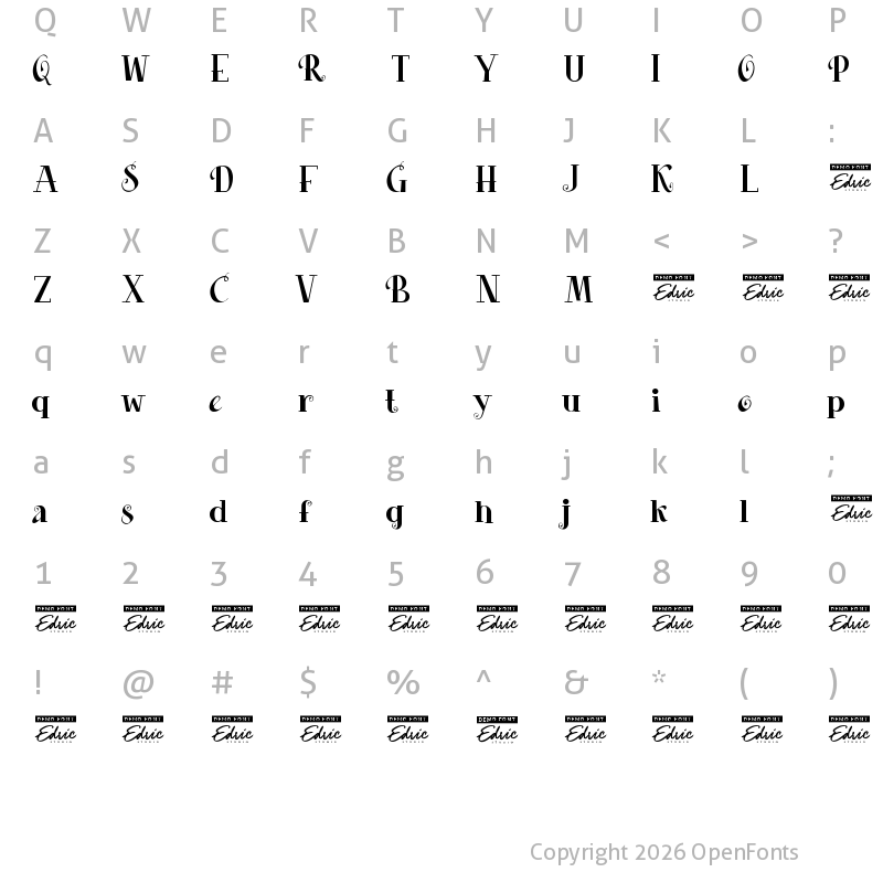 Character Map of Curly Rain Demo Regular