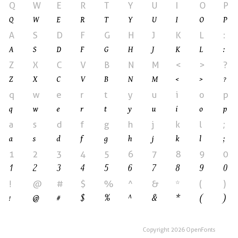 Character Map of Dai Banna SIL Italic