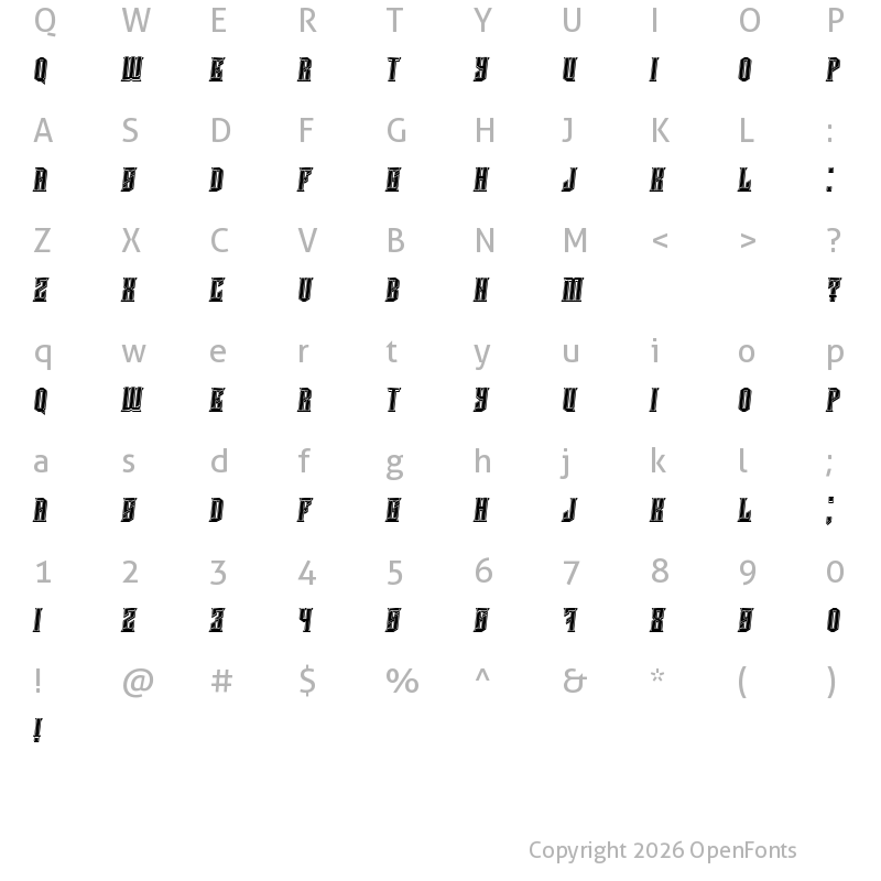 Character Map of Damages 3D Filled Italic