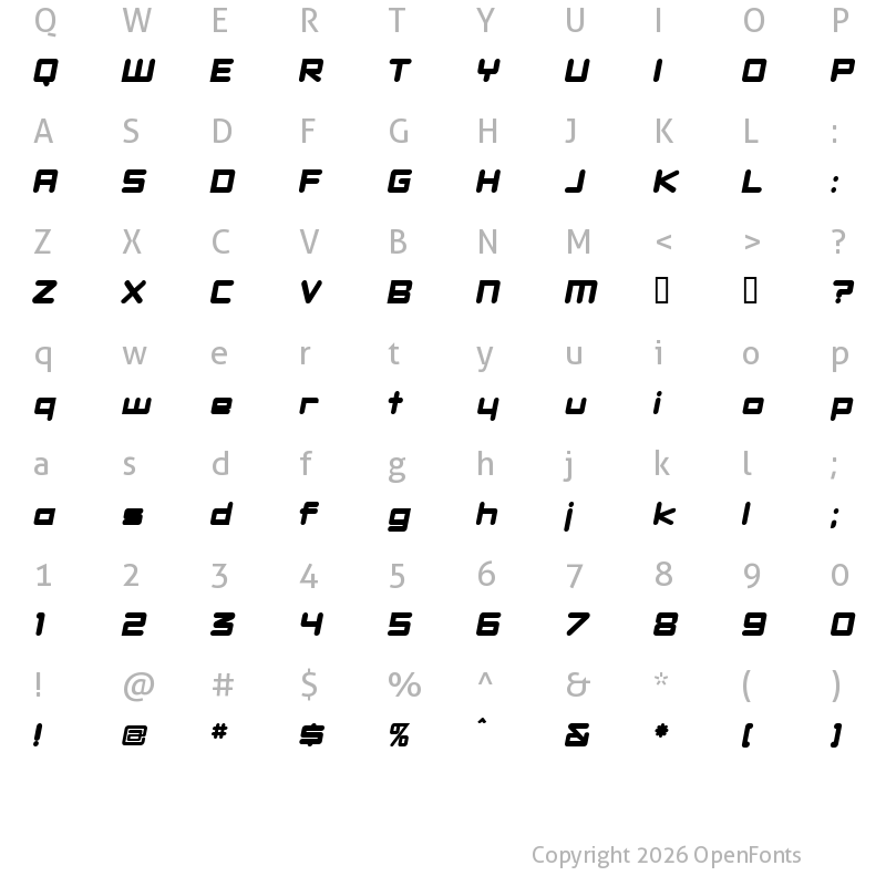 Character Map of DBXLNightfever ExtraWideItalic