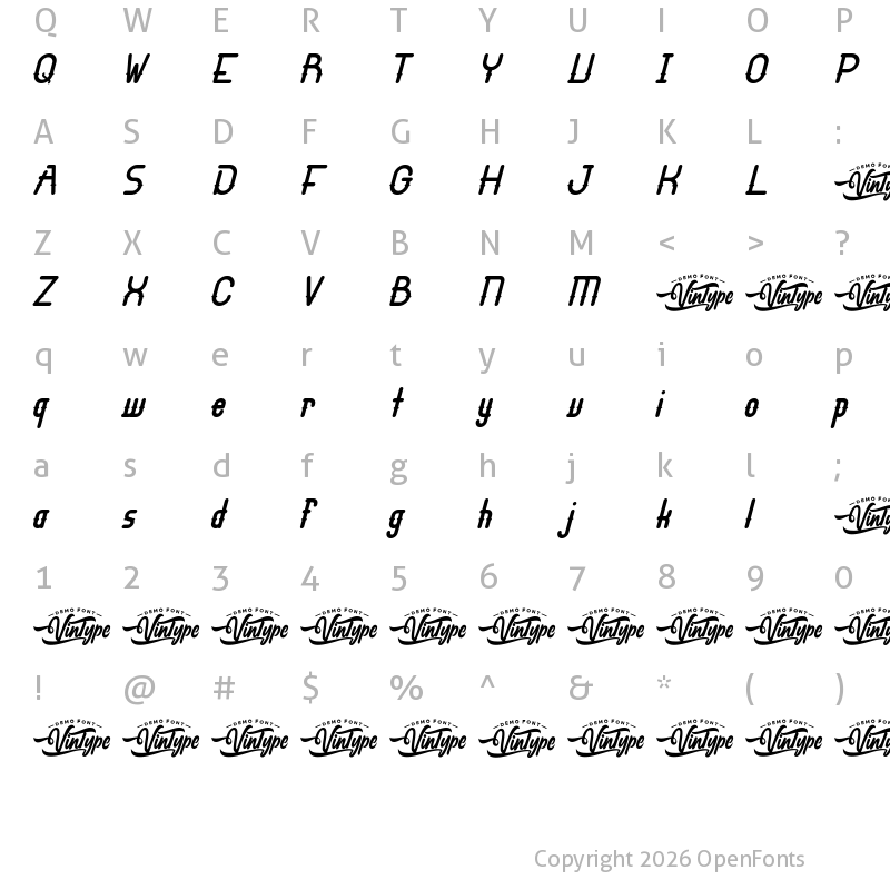 Character Map of Dean Bradley Demo Italic
