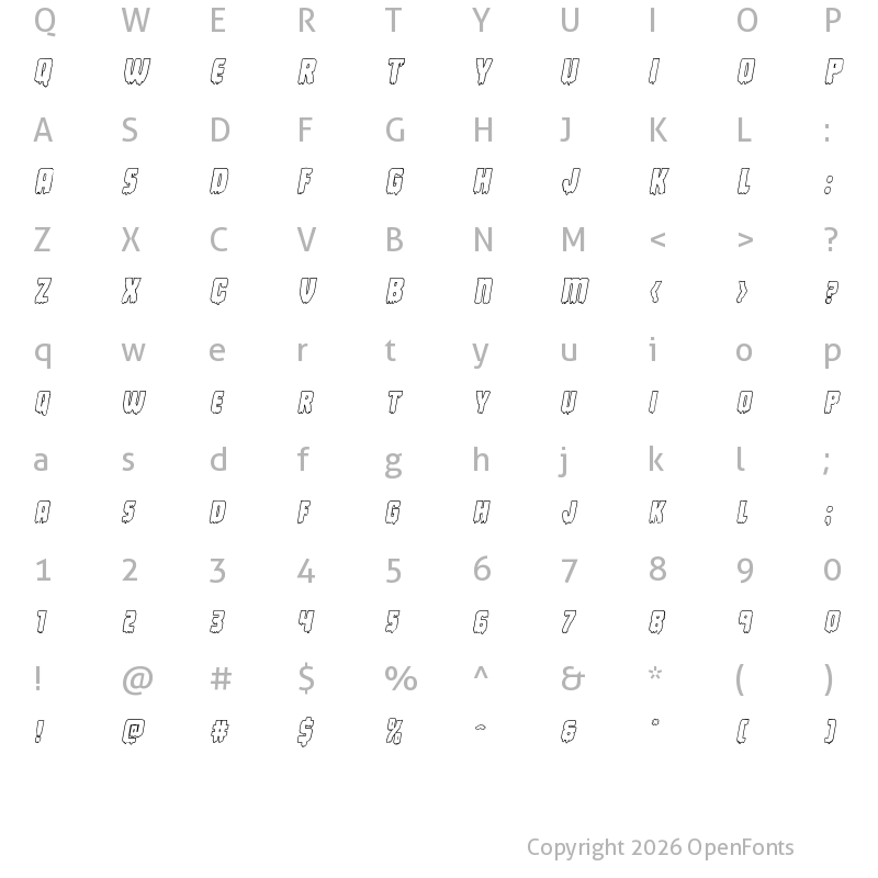 Character Map of Deathblood Outline Italic Italic