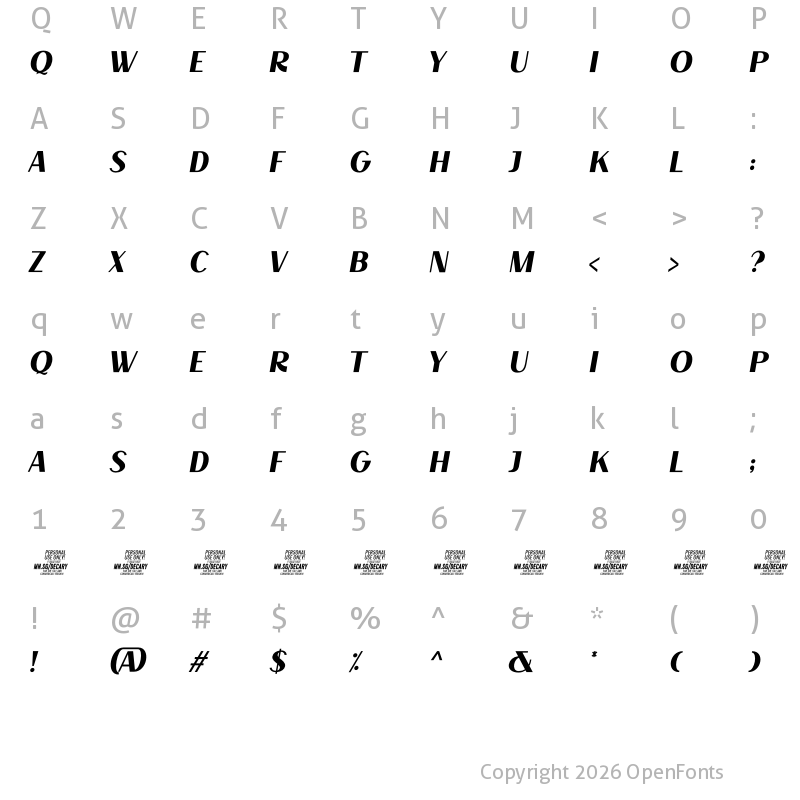 Character Map of Decary Sans LightIt PERSONAL USE Regular