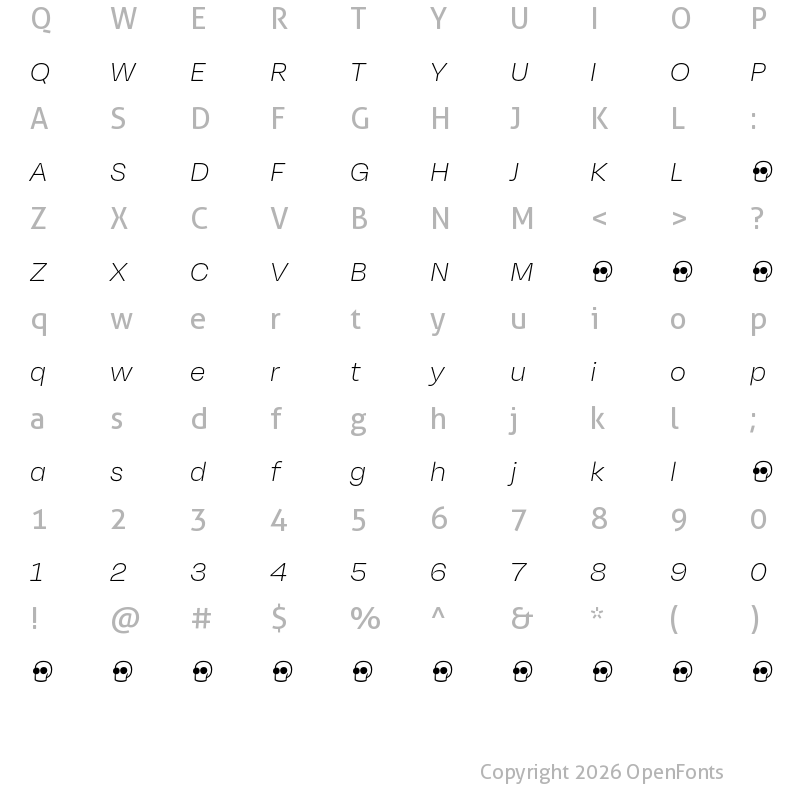 Character Map of Degular Demo Thin Italic