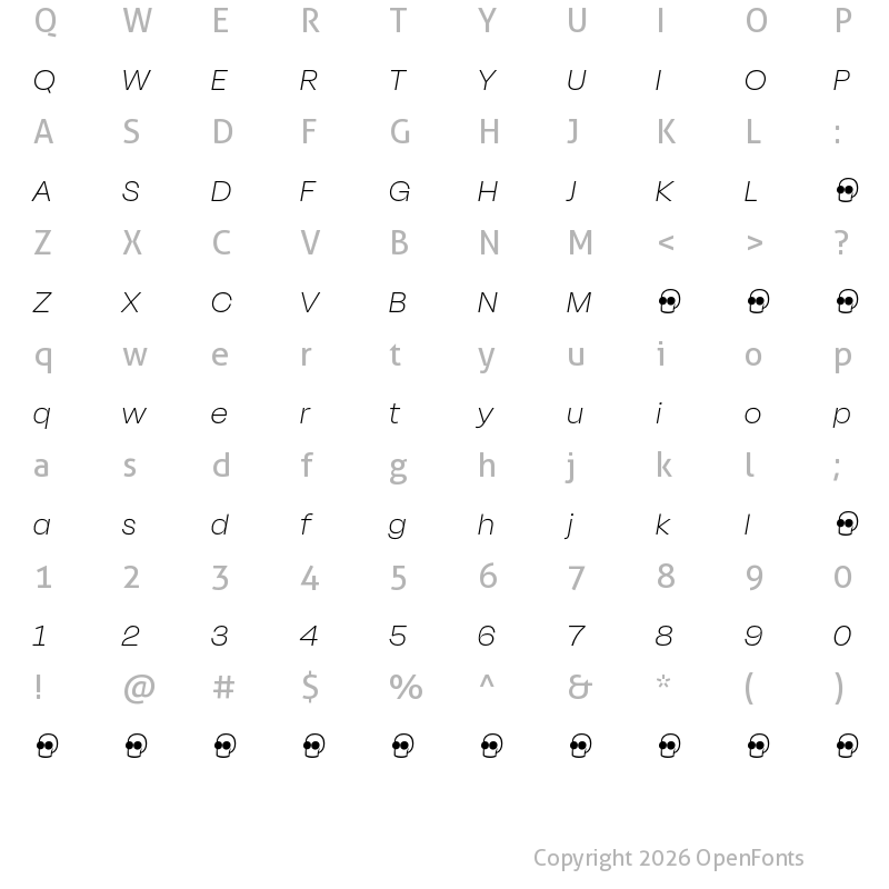 Character Map of Degular Display Demo Thin Italic