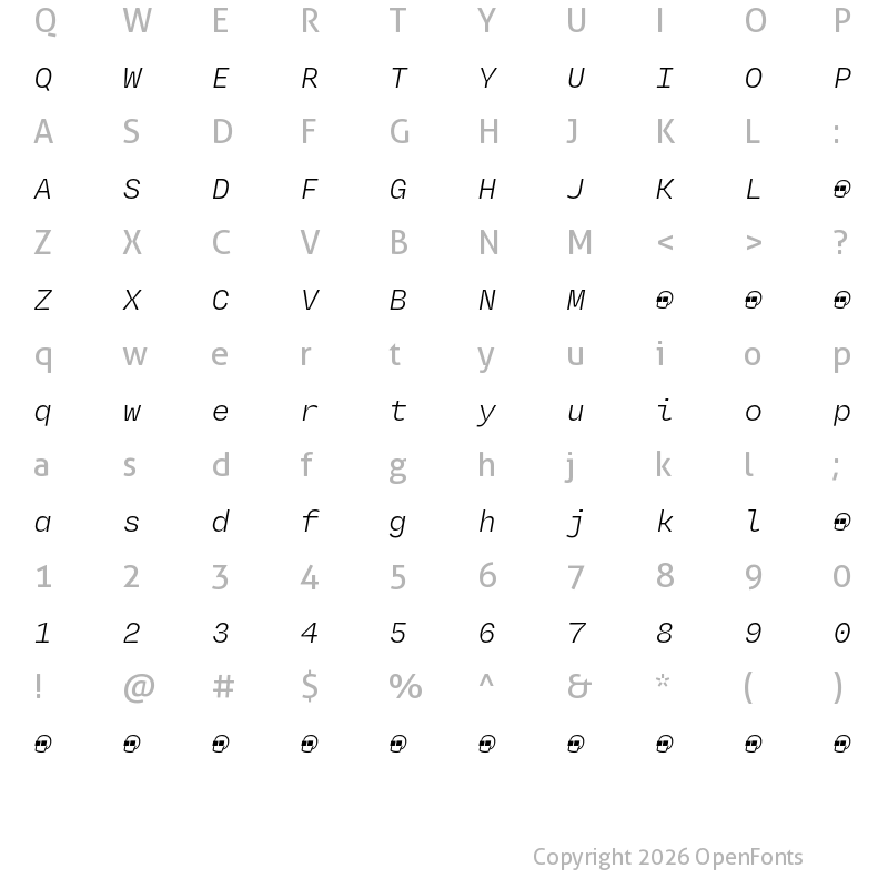 Character Map of Degular Mono Demo Light Italic