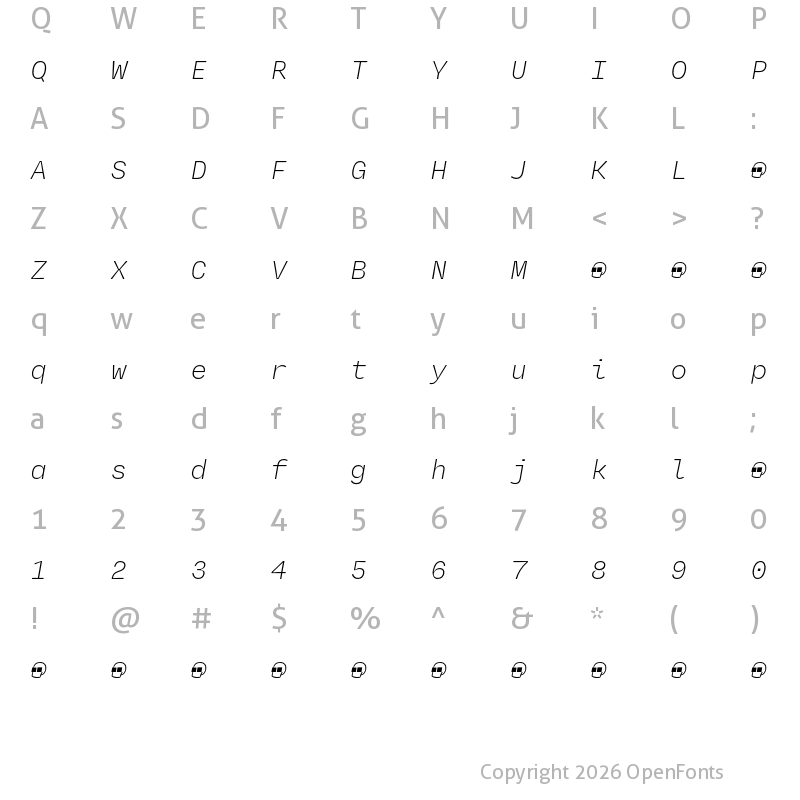 Character Map of Degular Mono Demo Thin Italic