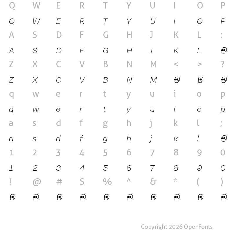 Character Map of Degular Text Demo Thin Italic