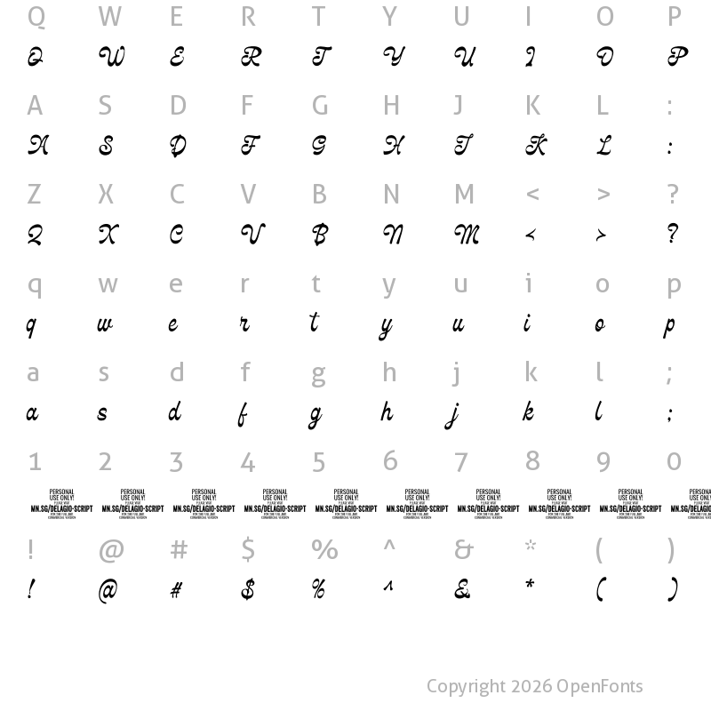 Character Map of Delagio Script PERSONAL USE Regular