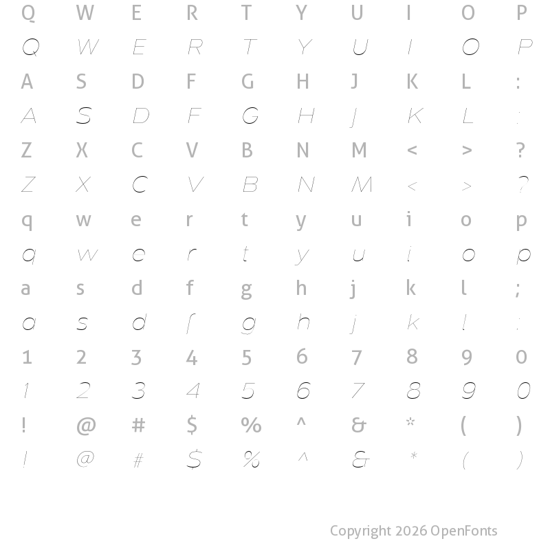 Character Map of Dienstag Hairline Italic