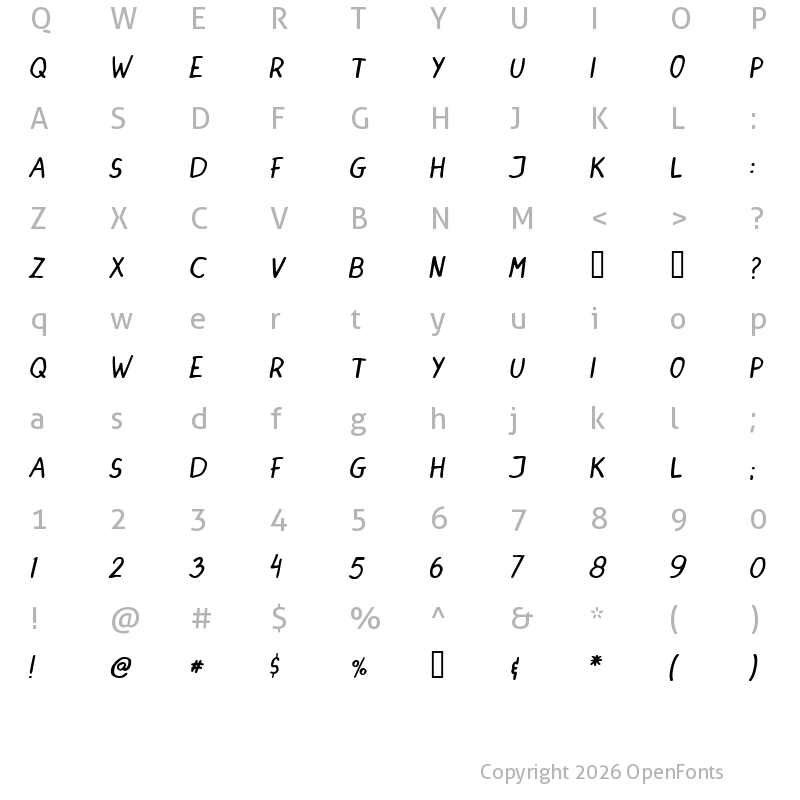 Character Map of DINSKI CASUAL HANDWRITING Italic