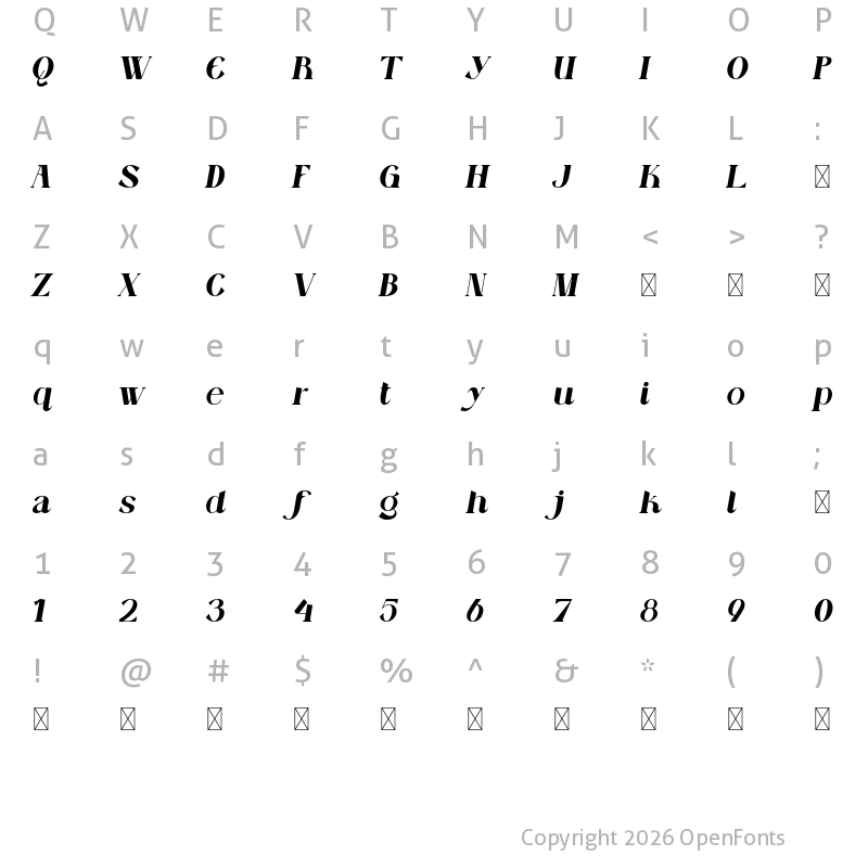 Character Map of Distant Feeling Italic