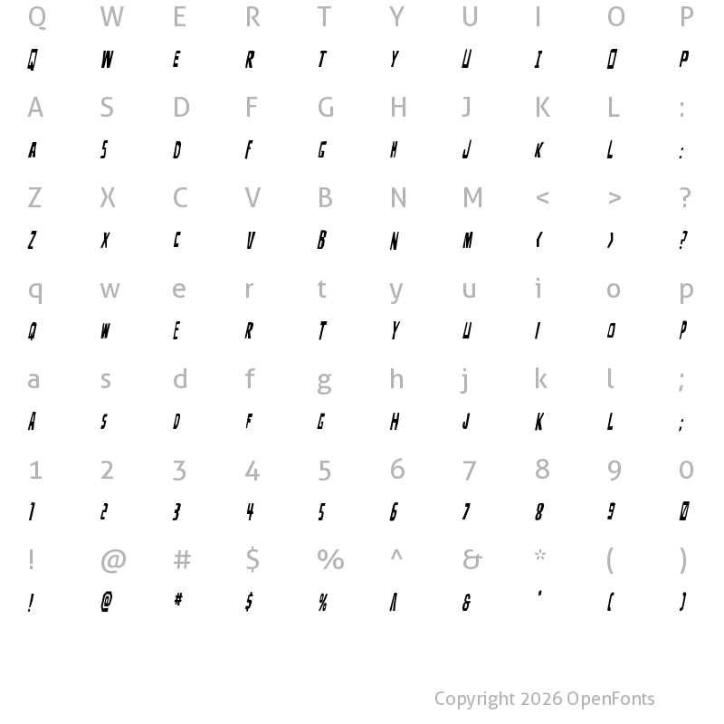 Character Map of Disturbia Condensed Italic Regular
