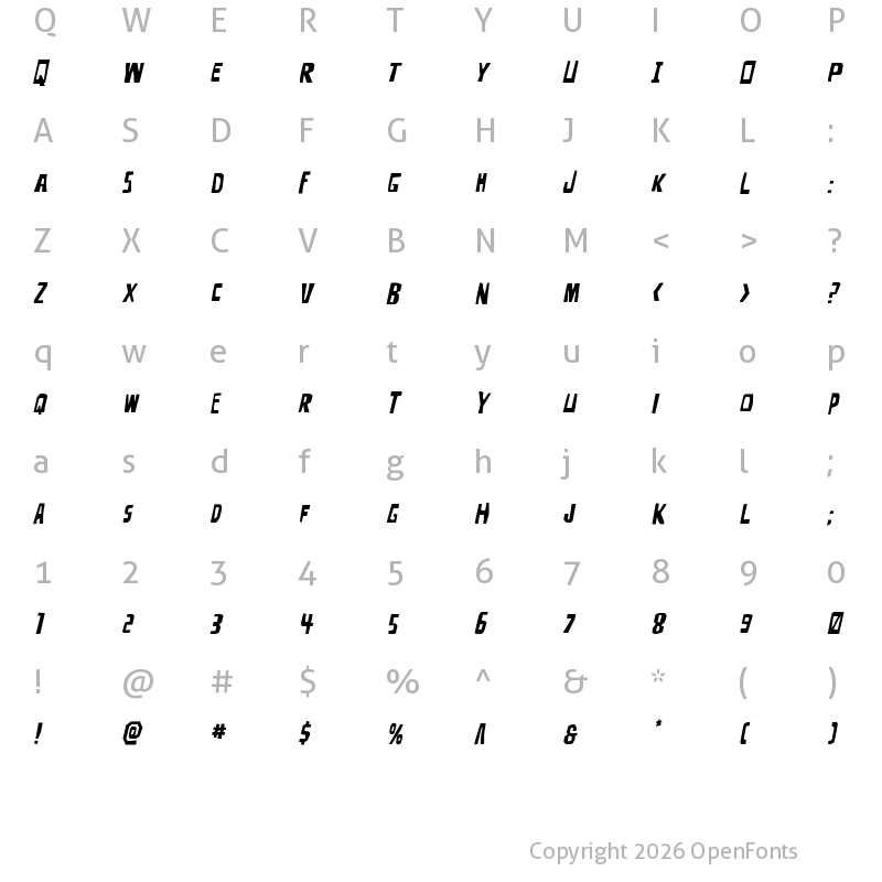 Character Map of Disturbia Expanded Italic Regular