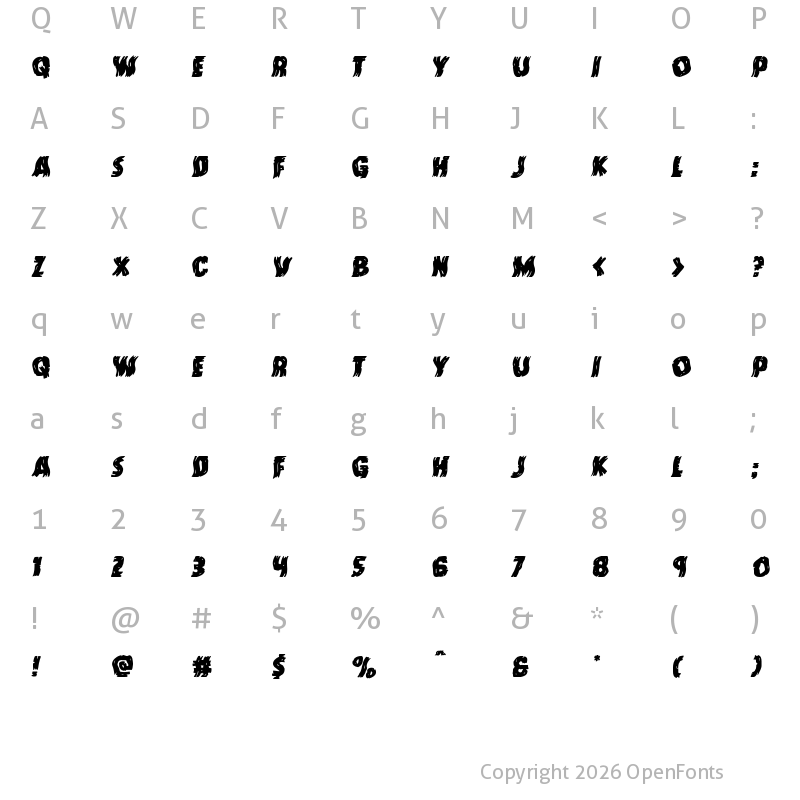 Character Map of Dokter Monstro Warped Italic Italic