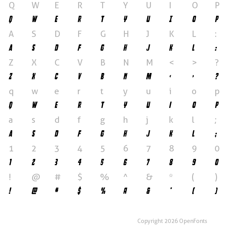Character Map of Dorian Gore Italic Regular