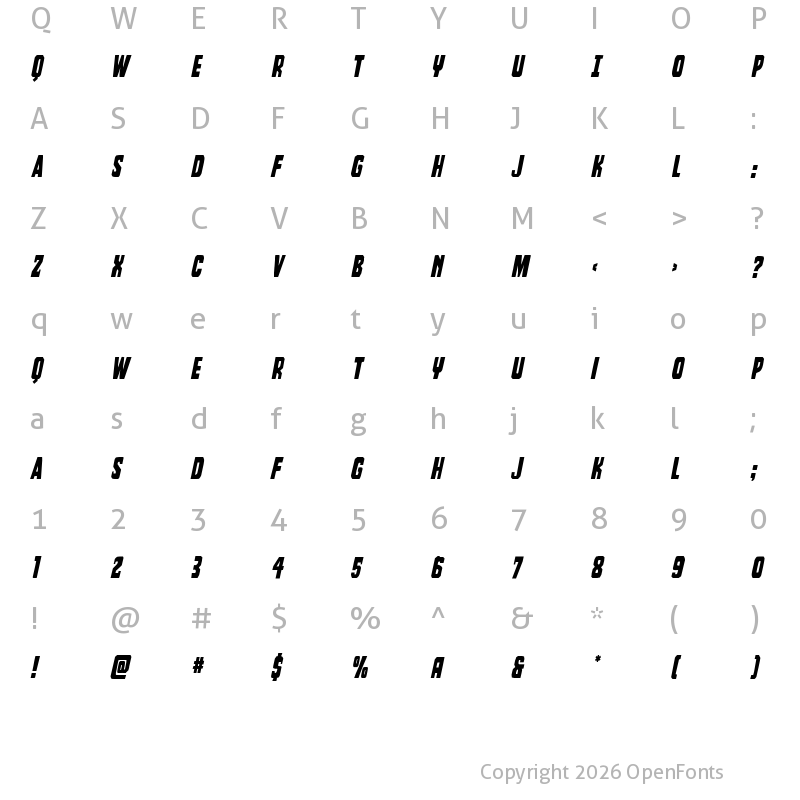 Character Map of Dorian Gore Staggered Italic Regular
