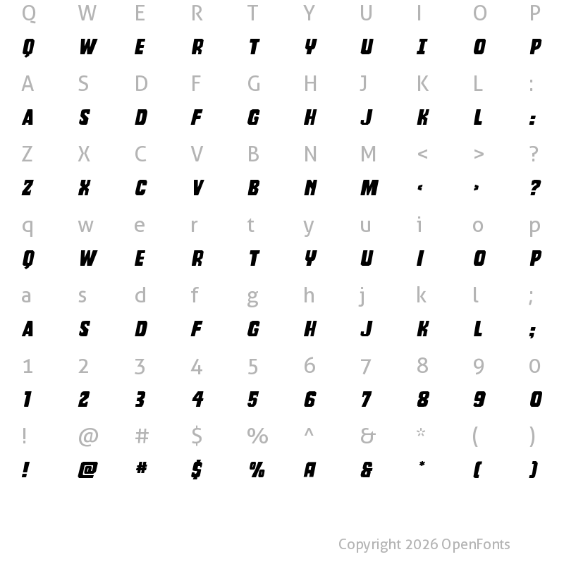 Character Map of Dorian Gore Wide Italic Regular
