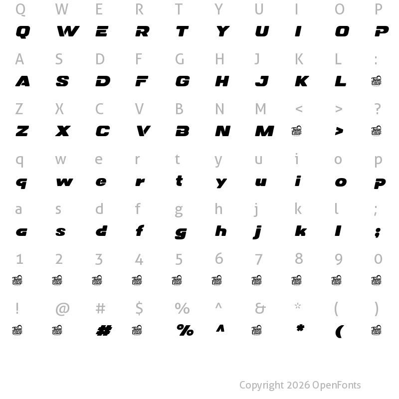 Character Map of DOVENS Personal Use Black Slanted