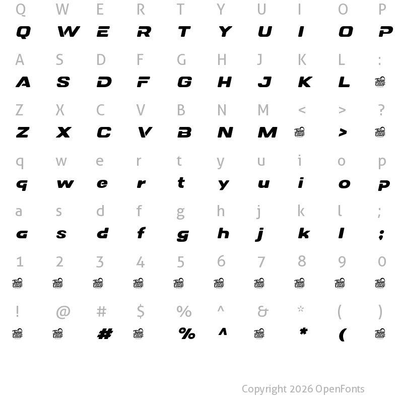 Character Map of DOVENS Personal Use Bold Slanted