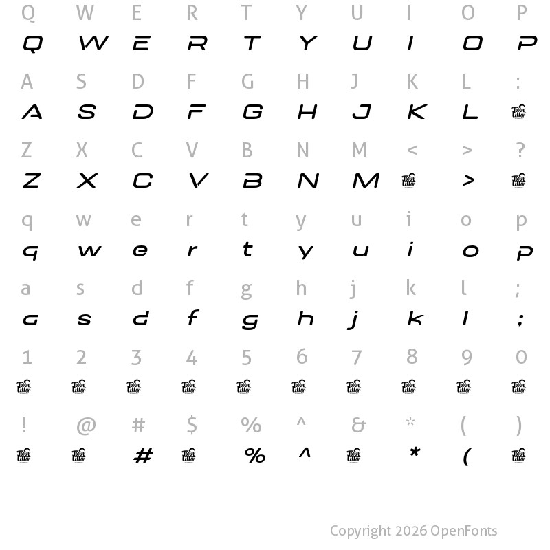 Character Map of DOVENS Personal Use Extra Light Slanted