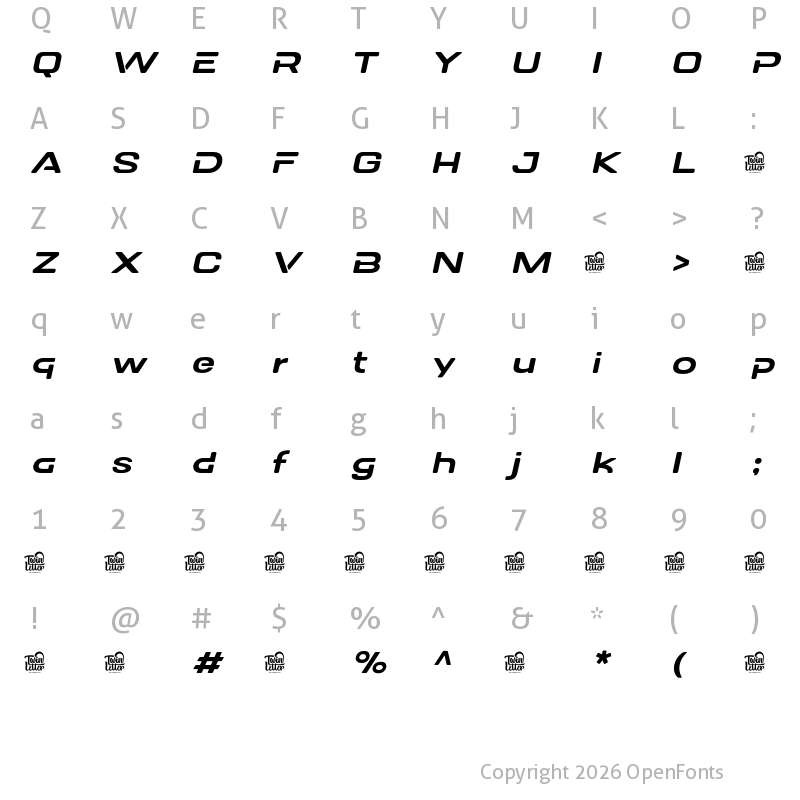 Character Map of DOVENS Personal Use Slanted