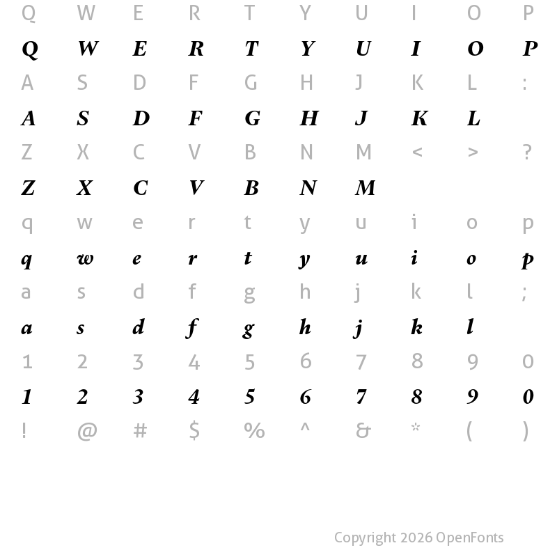 Character Map of Dupincel Small Test Bold Italic