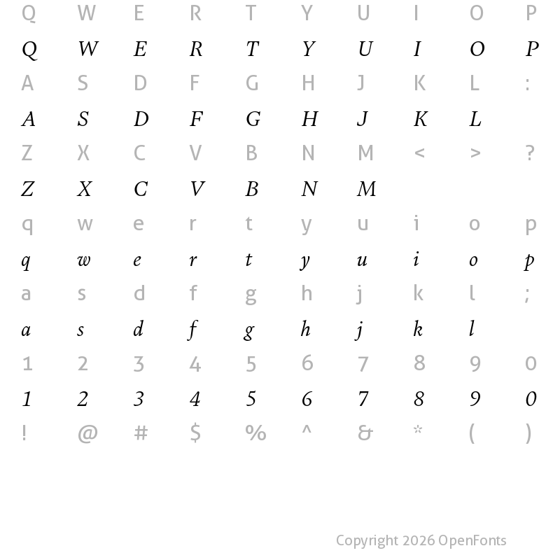 Character Map of Dupincel Small Test Light Italic