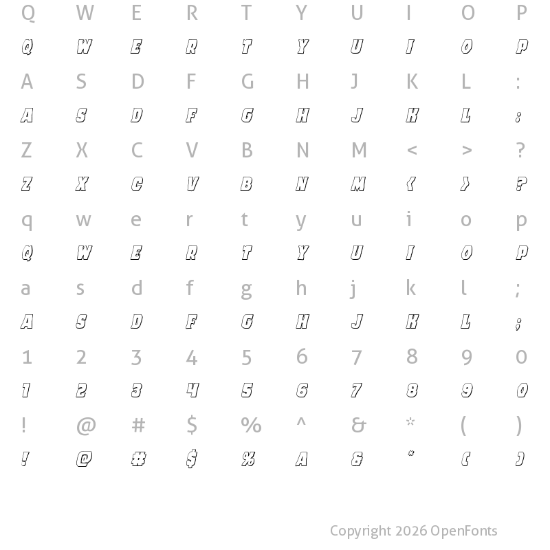 Character Map of Dusk Demon 3D Italic Regular