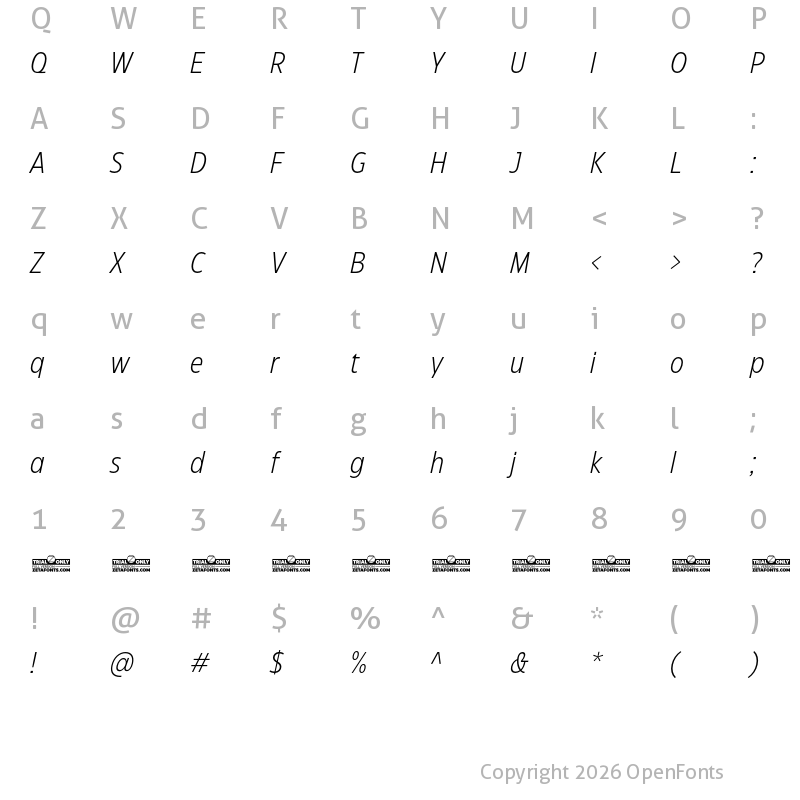 Character Map of Eastman Condensed Trial Light Italic