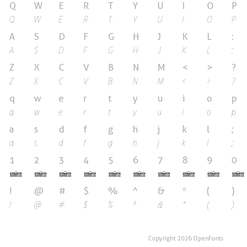Character Map of Eastman Condensed Trial Thin Italic