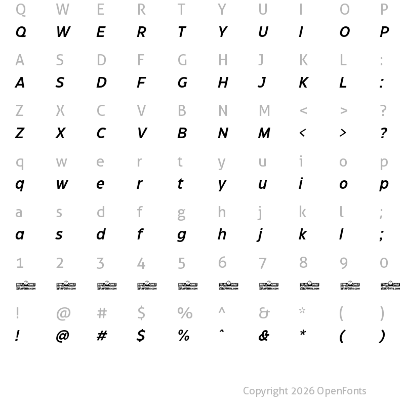 Character Map of Eastman Grotesque Trial DemiBold Italic