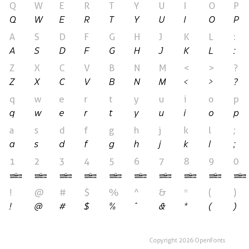 Character Map of Eastman Grotesque Trial Italic
