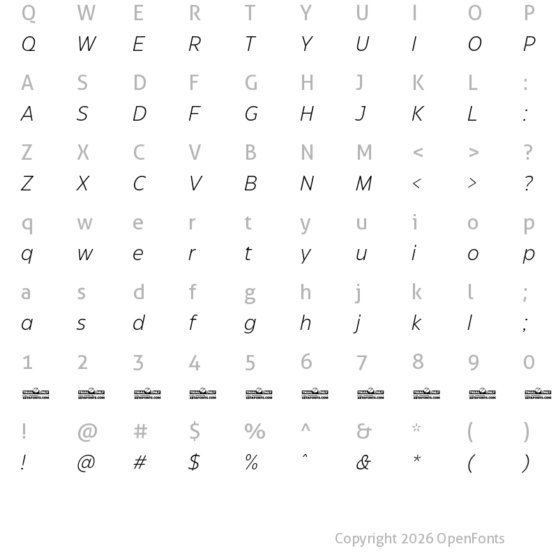 Character Map of Eastman Grotesque Trial Light Italic