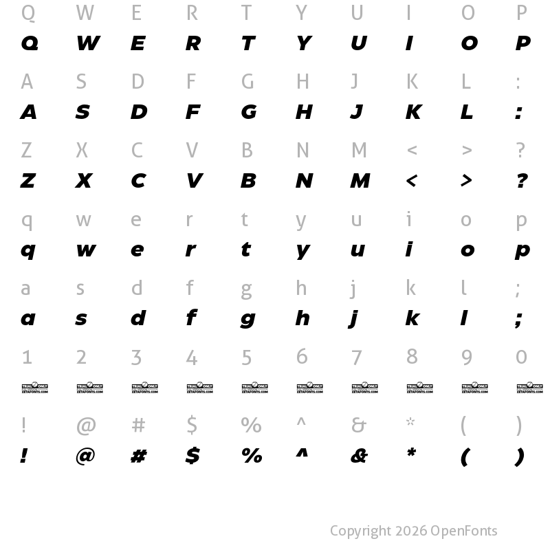 Character Map of Eastman Roman Trial Extrabold Italic