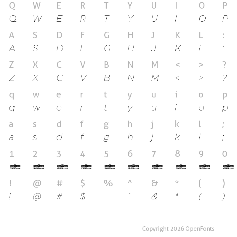 Character Map of Eastman Trial Extralight Italic