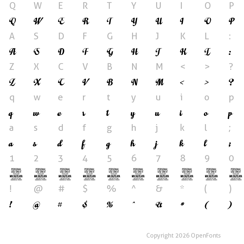 Character Map of Elaya Script PERSONAL USE ONLY Regular