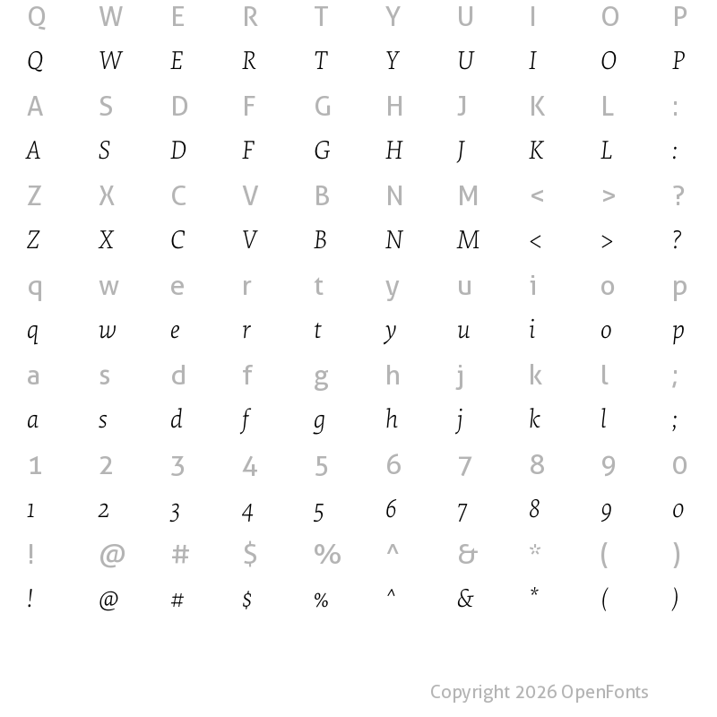 Character Map of Elena Basic Light Italic