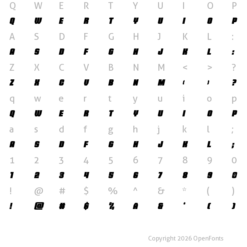 Character Map of Elephant Gun Condensed Italic Regular