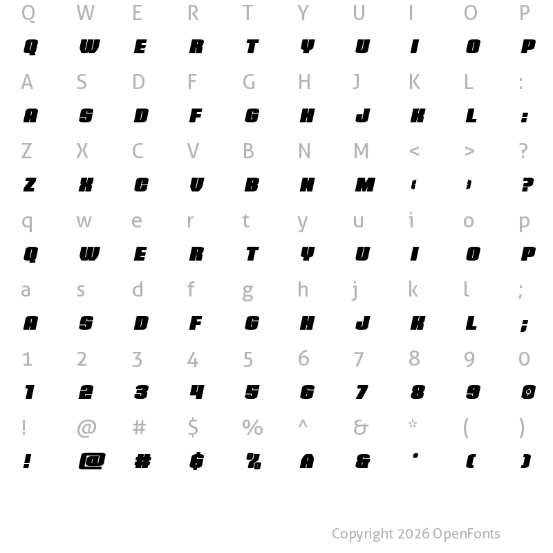 Character Map of Elephant Gun Title Italic Regular